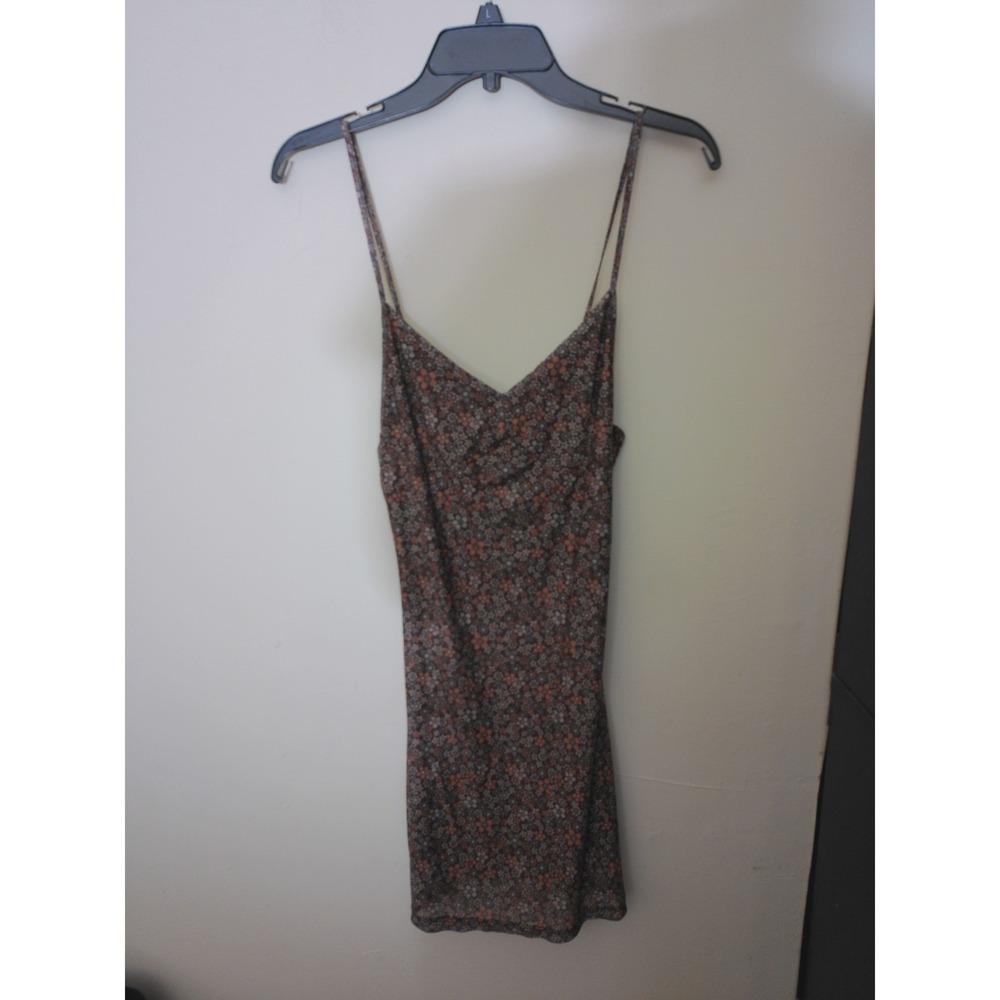 Motel Mini Dress Womens L Brown Floral 90s Mesh Overlay V-Neck Adjustable Straps